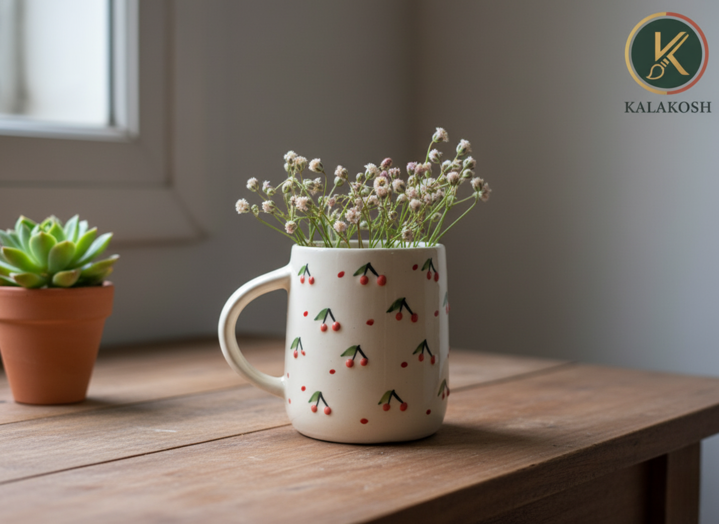Handmade Cherry Pattern Ceramic Coffee Mug | Home Decor Vase | Premium Tea Cup for Office & Home Use | Unique Gifting