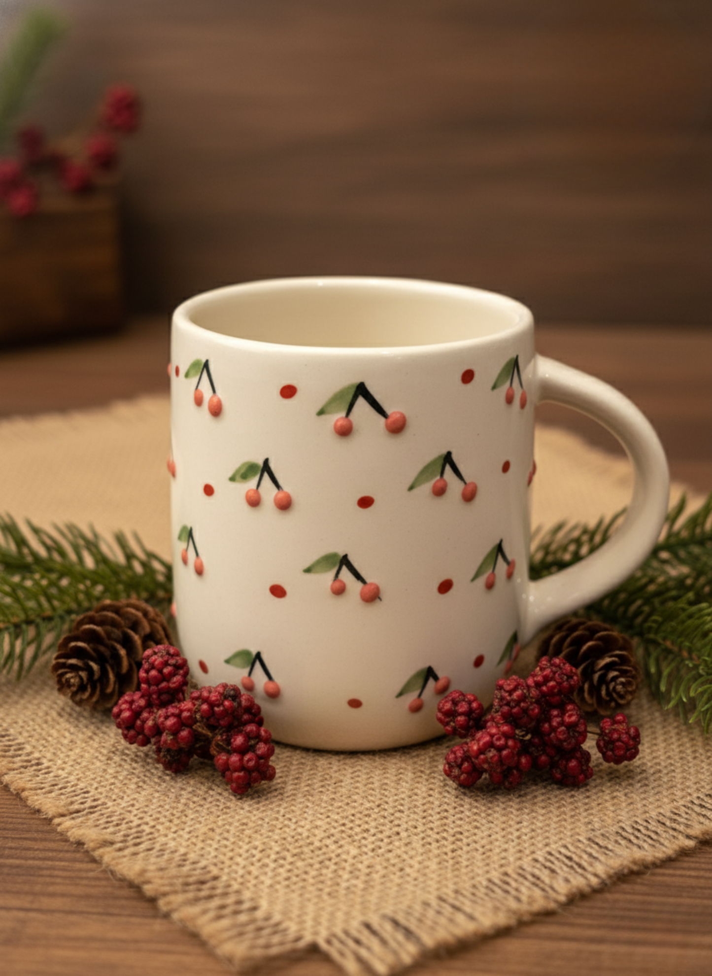 Handmade Cherry Pattern Ceramic Coffee Mug | Home Decor Vase | Premium Tea Cup for Office & Home Use | Unique Gifting
